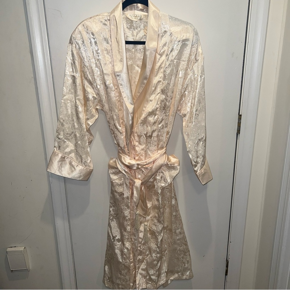 Victoria's Secret Vintage Gold-Label Satin Robe Ivory Tassel Belt Tie Pockets SP